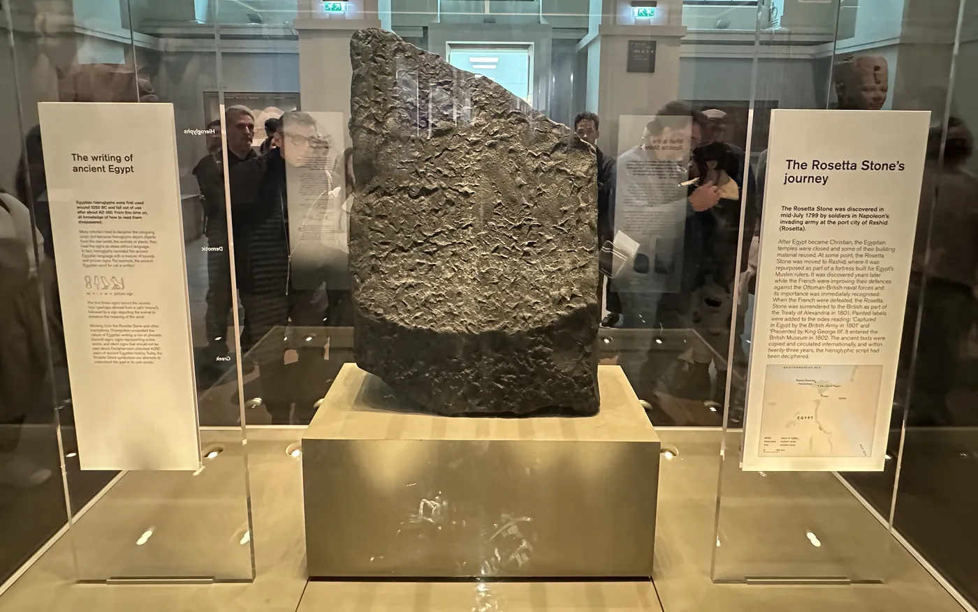 The Rosetta Stone in its display case at the British Museum