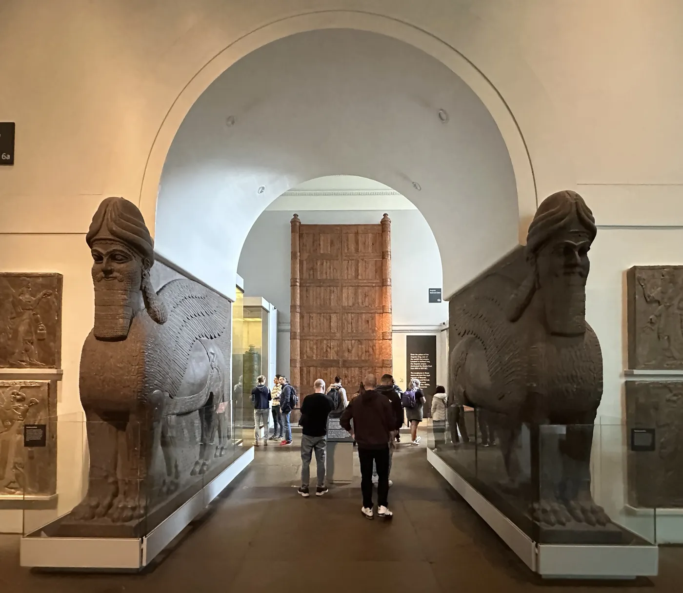 A carved Assyrian winged bull with a human head from Nimrud at the British Museum