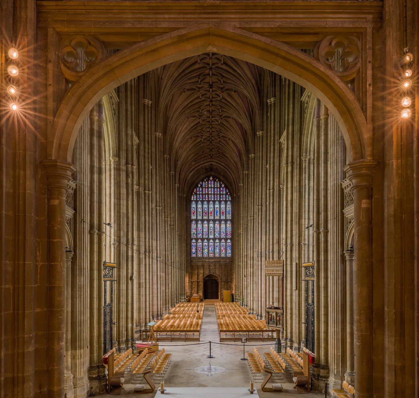 The vaulted Gothic nave of Canterbury Cathedral looking east