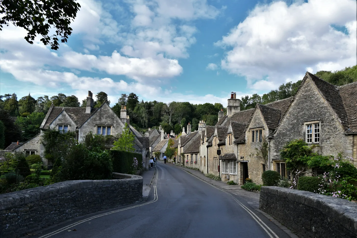 Stone cottages along The Street in Castle Combe