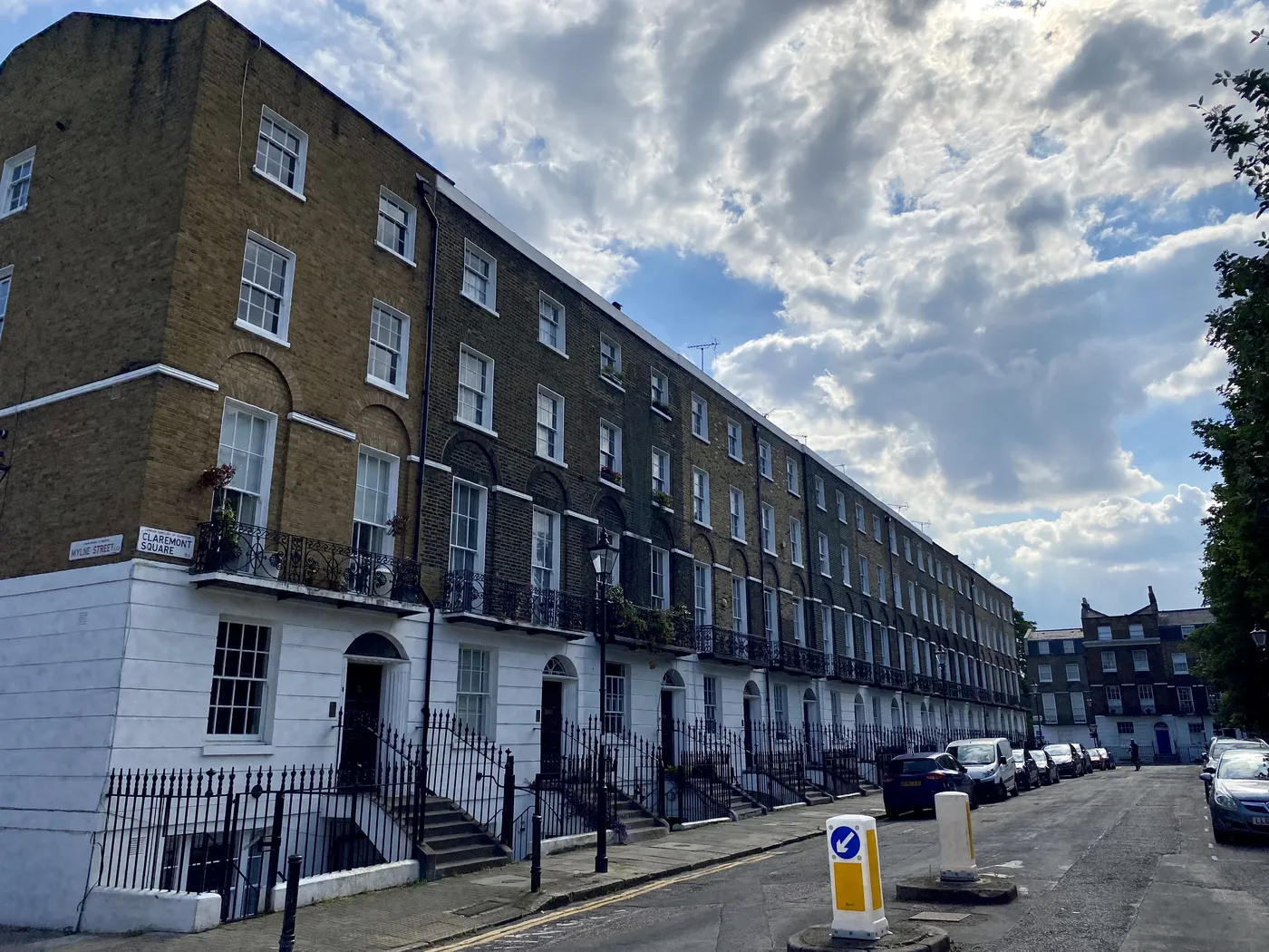 A terrace of Georgian brick houses on Claremont Square, Islington