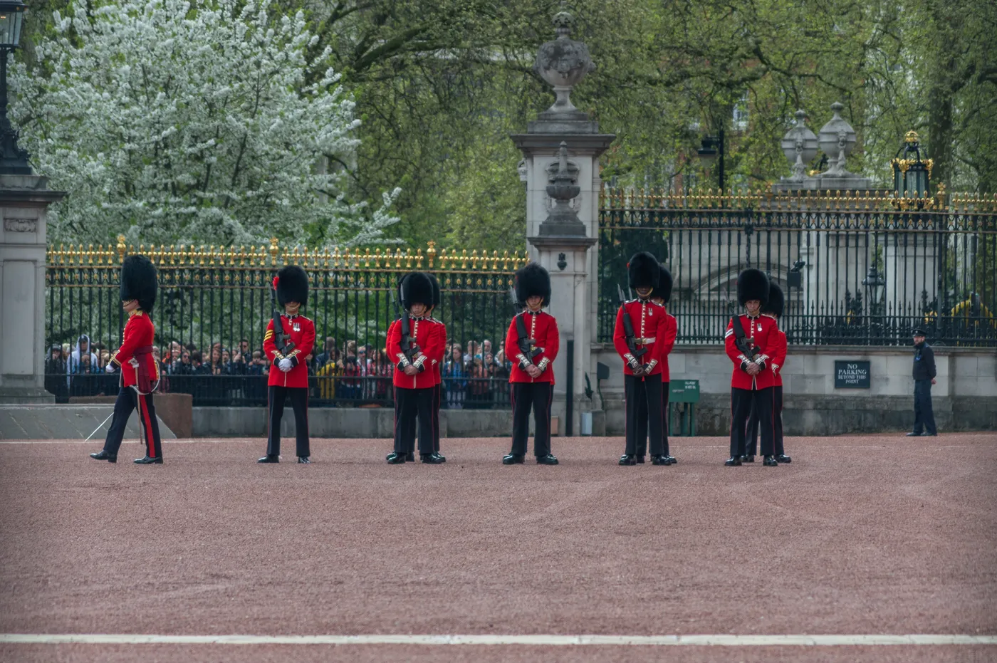Guards in red tunics and bearskins during Changing the Guard at Buckingham Palace